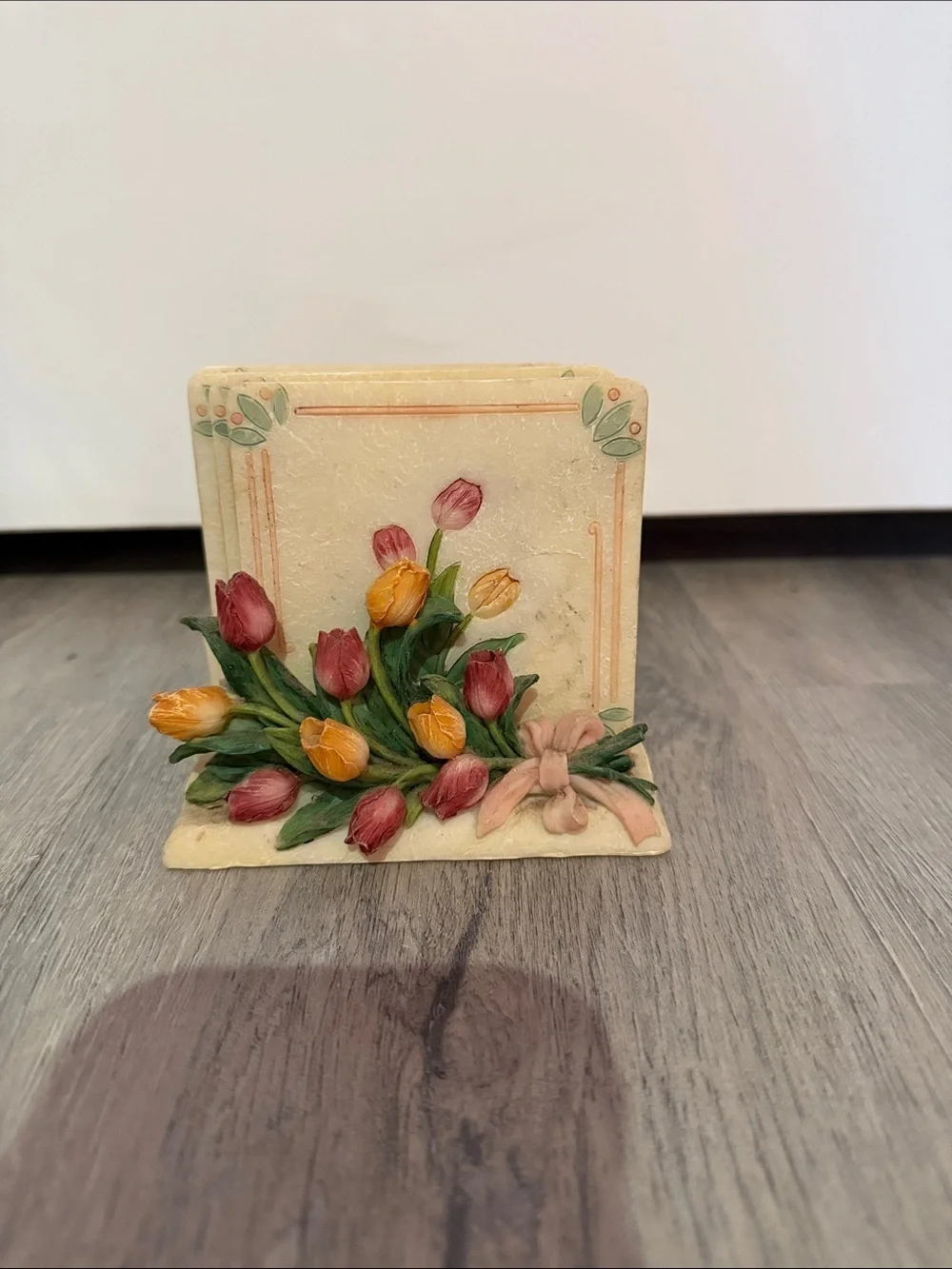 Vintage A. Richesco Hand Painted Tulip Cork Back Coaster Set of 4 with Holder 💕